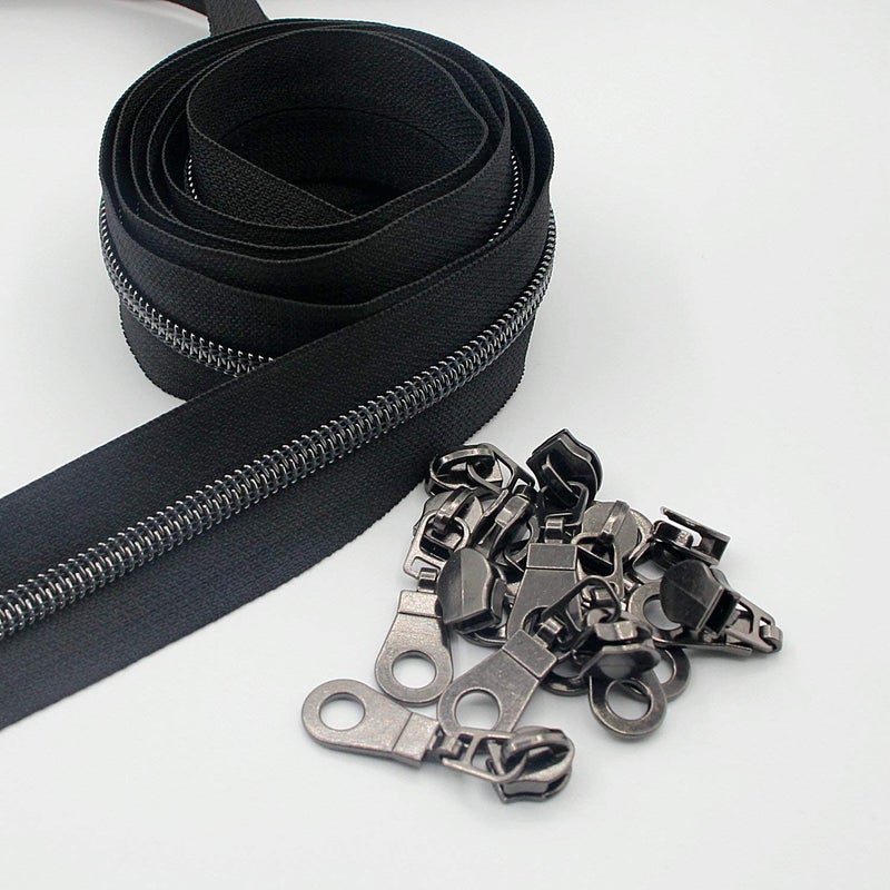 Leekayer #5 Black Nickel Metallic Nylon Coil Teeth Zippers by The Yard Bulk 10 Yards Black Tape with 25pcs Black Nickel Sliders for DIY Sewing Tailor Craft Bag(Black) - Image 1